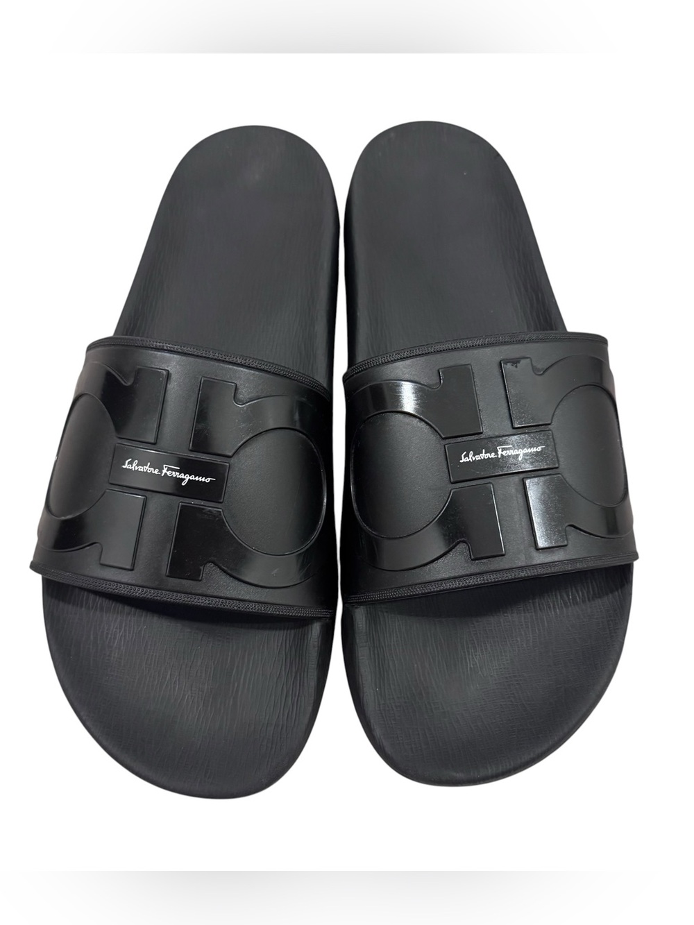 Salvatore Ferragamo Black Slide Sandals Mens Size 9 Groove 2 Rubber Gancini Logo